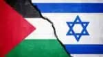 Palestine and Israel conflict. Country flags on broken wall. Illustration.
